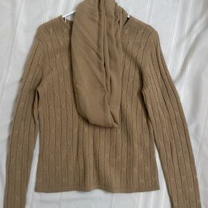 Vintage Rena Rowan Camel Cable Knit Sweater Merino Wool with matching scarf